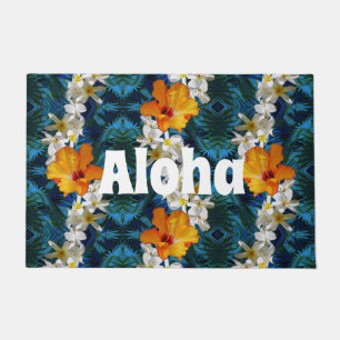 ALOHA Hawaiian Lei Welcome Mat with Hibiscus