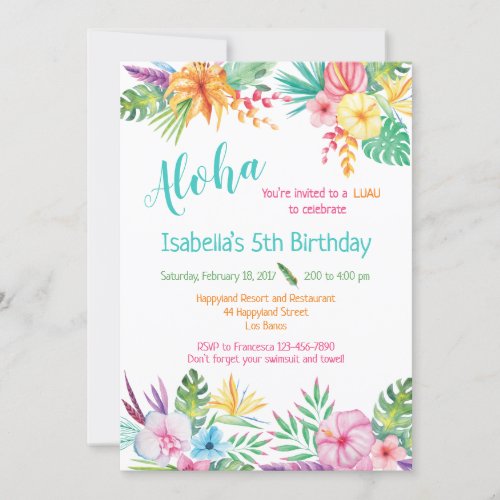 Aloha Hawaiian Luau Birthday Invitation