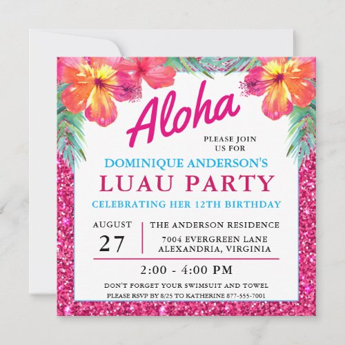 Aloha Hawaiian Luau Hibiscus Pink Glitter