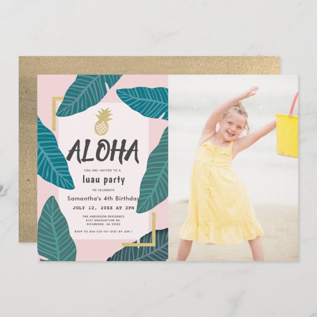 Aloha Hawaiian Luau Pineapple Photo Pink Birthday Invitation (Front/Back)
