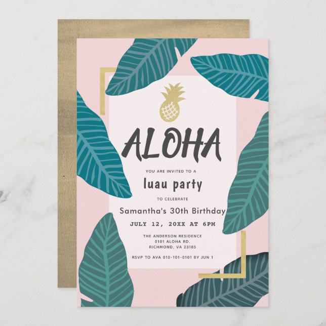 Aloha Hawaiian Luau Pineapple Pink Adult Birthday Invitation (Front/Back)