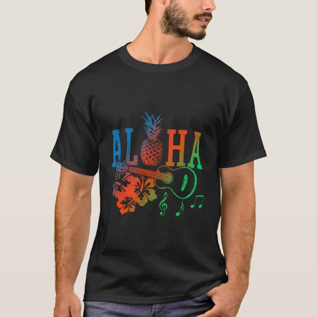 Aloha Hawaiian Pineapple Ukulele Hibiscus Summer G T-Shirt (Front)