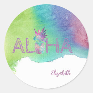 Aloha Hawaiian Pineapple, Watercolor Splash Classic Round Sticker