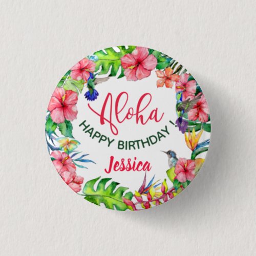 Aloha Hawaiian Pink Hibiscus Birthday Party  Button