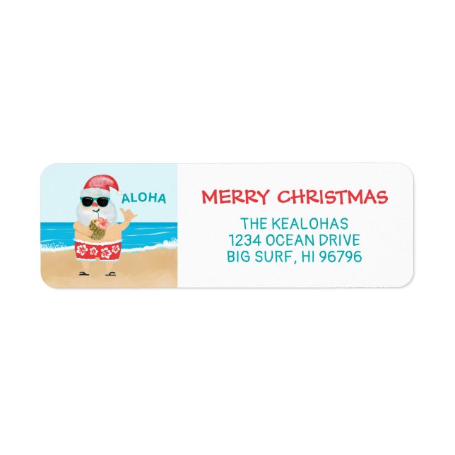 Aloha Hawaiian Santa Beach Christmas Address Label (Front)