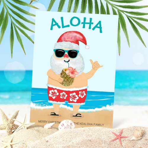 Aloha Hawaiian Santa Beach Christmas Holiday Card