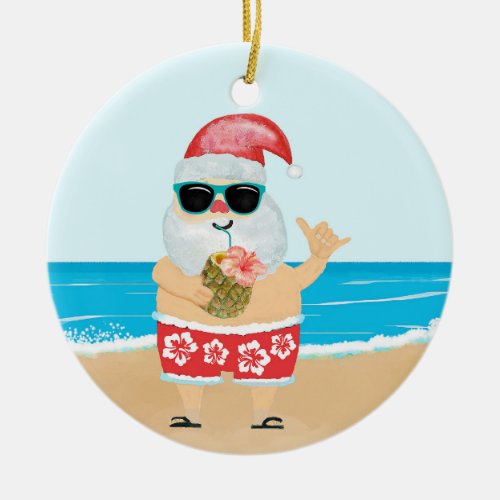 Aloha Hawaiian Santa Tropical Beach Christmas Ceramic Ornament