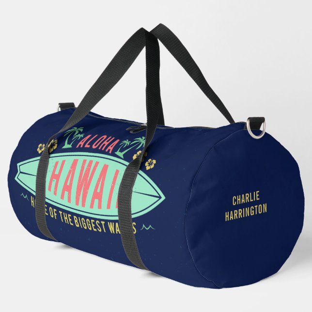 Aloha Hawaiian Surfer custom name Duffle Bag (Left Corner)