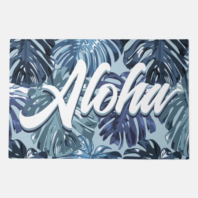 Aloha Hawaiian Tropical Blue Palm Leaves Doormat (Front)