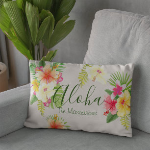 Aloha Hawaiian Tropical Floral Watercolor Lumbar Pillow