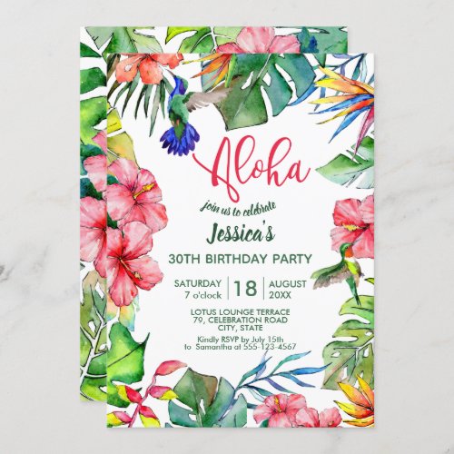Aloha Hawaiian Tropical Flowers Birthday Invitation