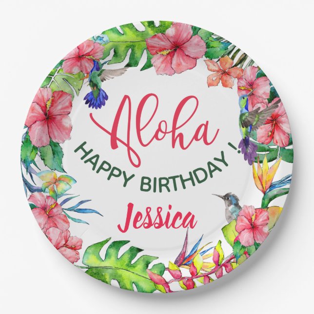 Aloha Hawaiian Tropical Hibiscus Birthday Party Paper Plates (Front)