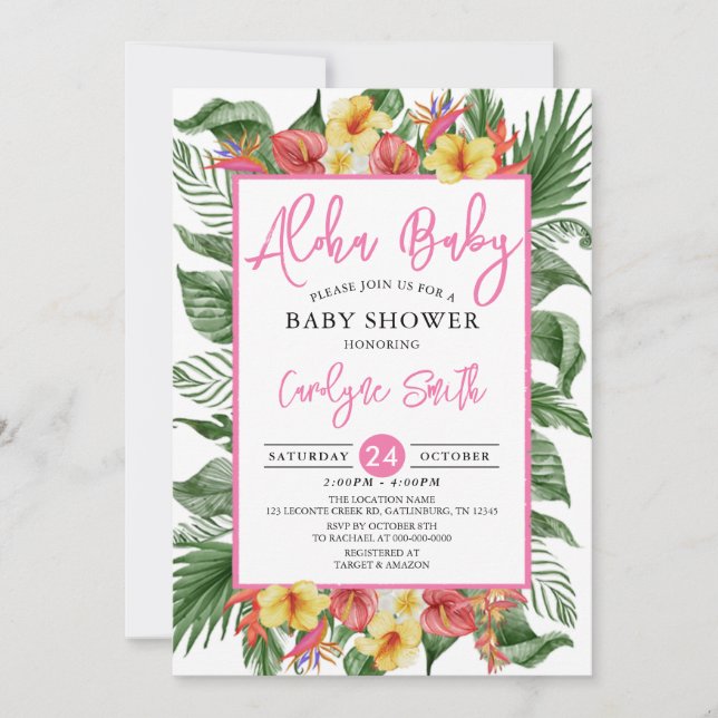 Aloha Hawaiian Tropical Pink Girl Baby Shower Invitation (Front)