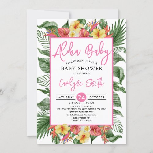 Aloha Hawaiian Tropical Pink Girl Baby Shower Invitation