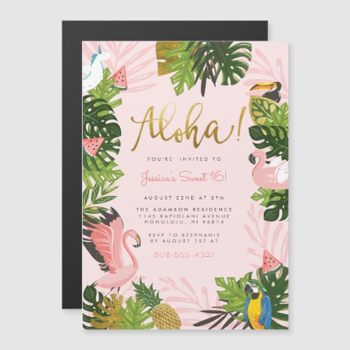 Aloha  Hawaiian Tropical Summer Flamingo Party Magnetic Invitation