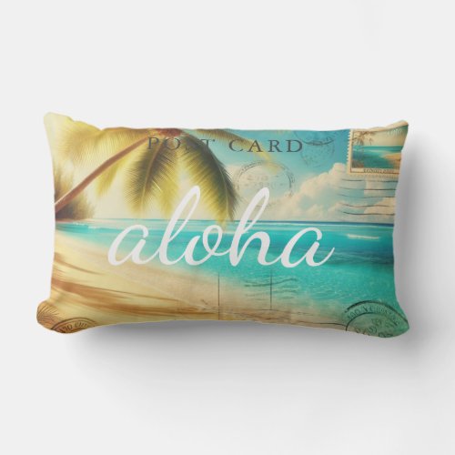 Aloha Hawaiian Vintage Postcard Tropical Palm Tree Lumbar Pillow