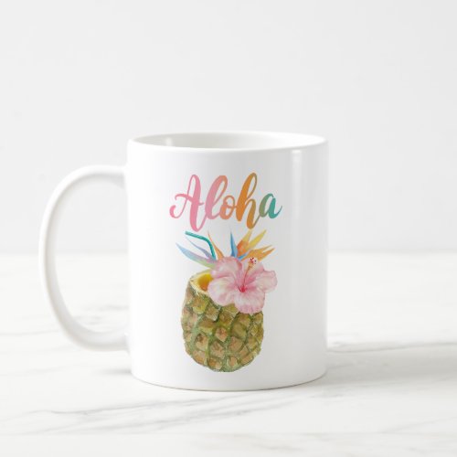Aloha Hawaiian Watercolor Pineapple Hibiscus Coffee Mug
