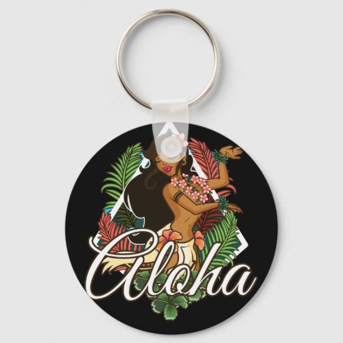 Aloha Hawaiian with Hibiscus Flowers and Leaves Keychain