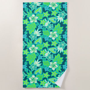 Aloha Heart Hawaiian Hibiscus Tropical- Teal Beach Towel