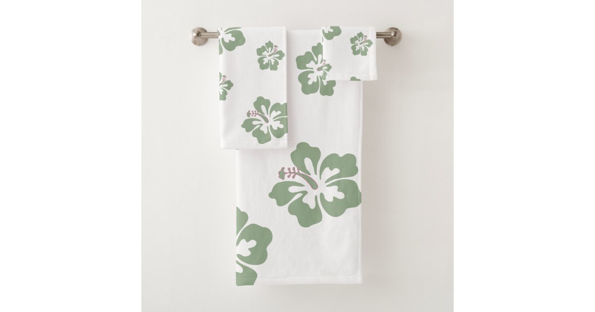 Aloha hibiscus floral pattern white and sage green bath towel set Zazzle