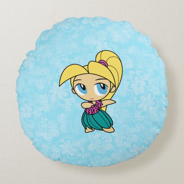 Aloha Honeys Blond Hula Girl Hawaiian Hibiscus Round Pillow (Front)