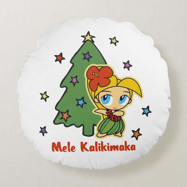 Aloha Honeys Christmas Blond Hula Girl White Round Pillow (Front)