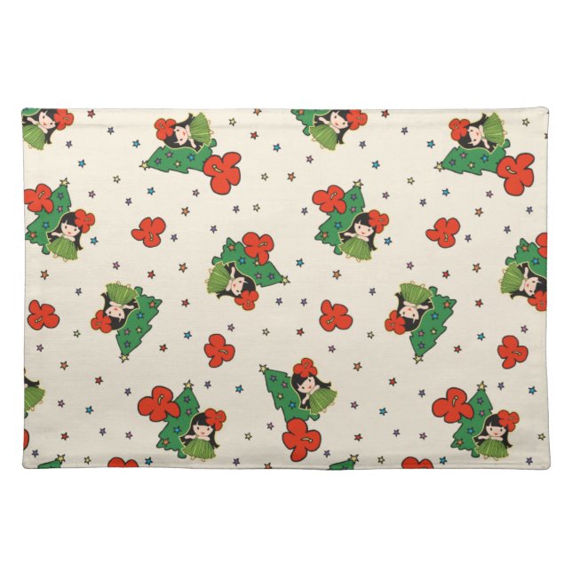 Aloha Honeys Christmas Hawaiian Hula Girl Cream Cloth Placemat (Front)
