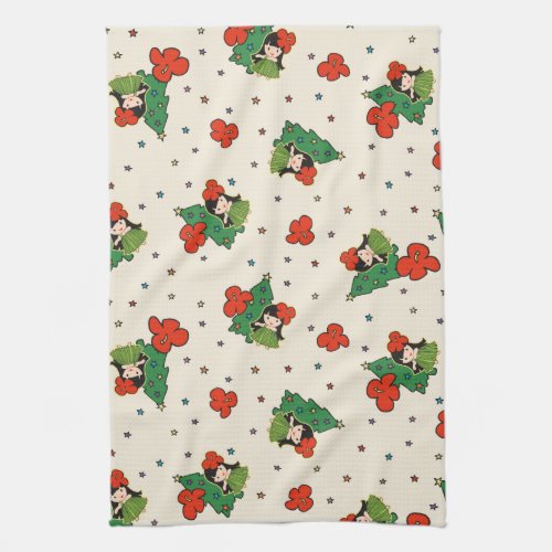 Aloha Honeys Christmas Hawaiian Hula Girl Cream Kitchen Towel