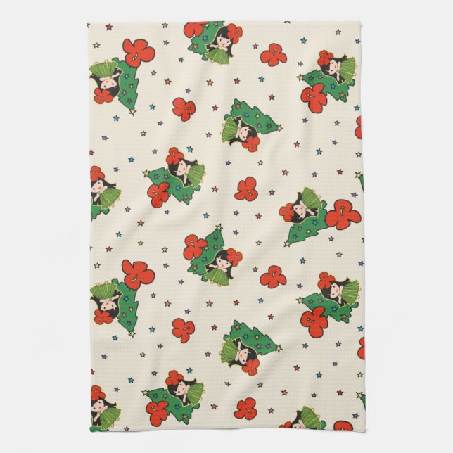 Aloha Honeys Christmas Hawaiian Hula Girl Cream Kitchen Towel (Vertical)