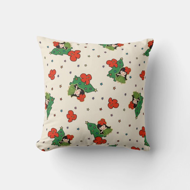 Aloha Honeys Christmas Hawaiian Hula Girl Cream Throw Pillow (Front)
