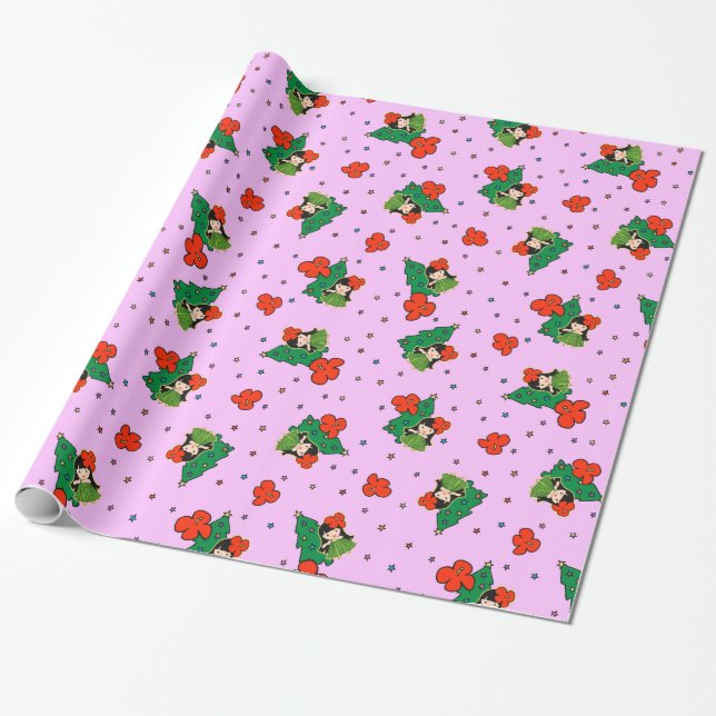 Aloha Honeys Christmas Hawaiian Hula Girl Lilac Wrapping Paper (Unrolled)