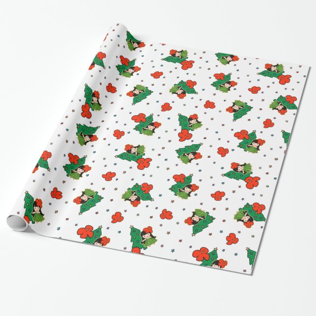 Aloha Honeys Christmas Hawaiian Hula Girl Wrapping Paper (Unrolled)