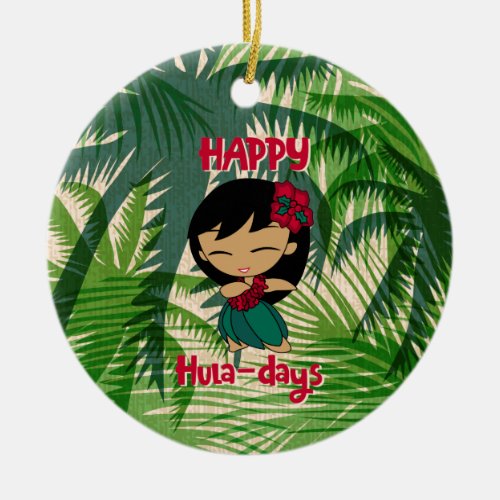 Aloha Honeys Christmas Holiday Hula Girl Palms Ceramic Ornament
