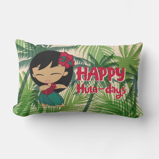 Aloha Honeys Christmas Holiday Hula Girl Palms Lumbar Pillow (Front)