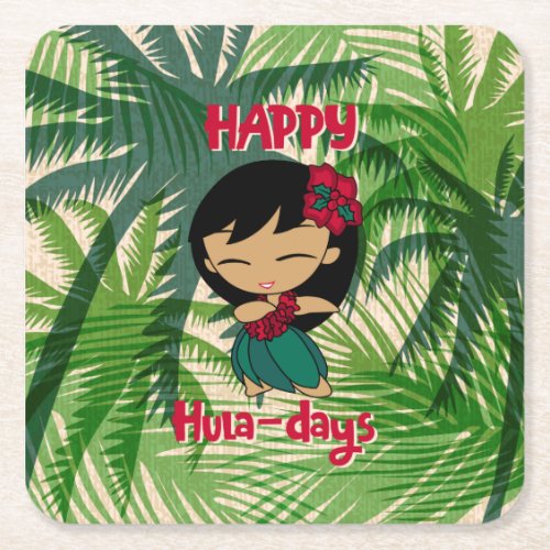 Aloha Honeys Christmas Holiday Hula Girl Palms Nap Square Paper Coaster