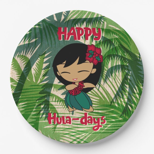  Aloha Honeys Christmas Holiday Hula Girl Palms Paper Plates (Front)