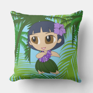 Aloha Honeys Hawaiian Blue Hula Girl Reversible Outdoor Pillow