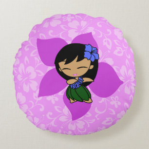 Aloha Honeys Hawaiian Hibiscus Vintage Hula Girl Round Pillow