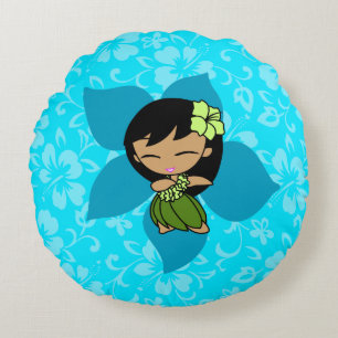 Aloha Honeys Hawaiian Hibiscus Vintage Hula Girl Round Pillow