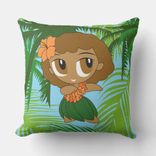 Aloha Honeys Hawaiian Orange Hula Girl Reversible Outdoor Pillow