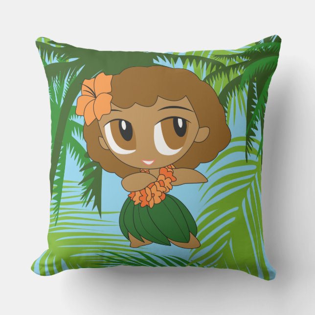 Aloha Honeys Hawaiian Orange Hula Girl Reversible Outdoor Pillow (Front)