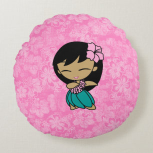 Aloha Honeys Pink Hula Girl Hawaiian Hibiscus Round Pillow