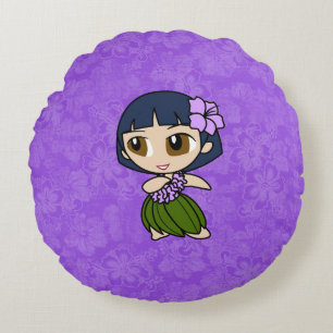 Aloha Honeys Purple Hula Girl Hawaiian Hibiscus Round Pillow