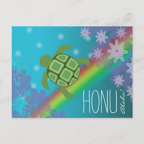 Aloha Honu Beautiful Sea Turtle Rainbow and Flower Postcard