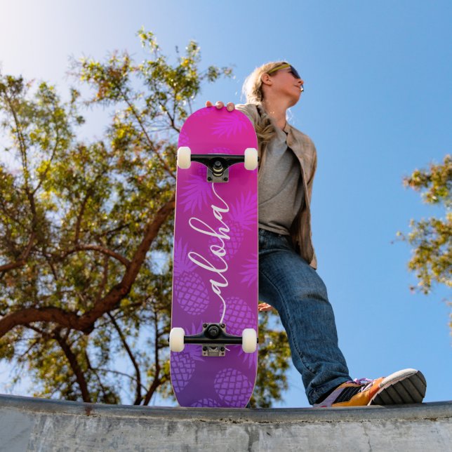 Aloha hot pink purple pineapple pattern script fun skateboard (Outdoor 1)