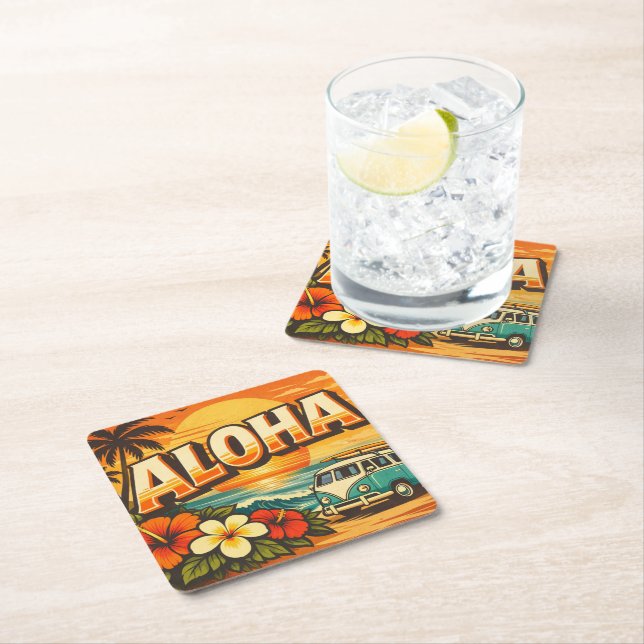 Aloha Island Vibes Sunset Scene Square Paper Coaster (Insitu)