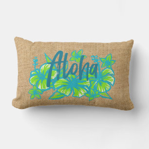 Aloha Kakahiaka Hawaiian Hibiscus Faux Grass Cloth Lumbar Pillow