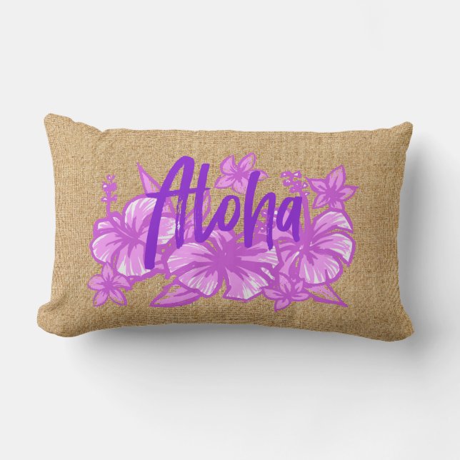 Aloha Kakahiaka Hawaiian Hibiscus Faux Grass Cloth Lumbar Pillow (Front)