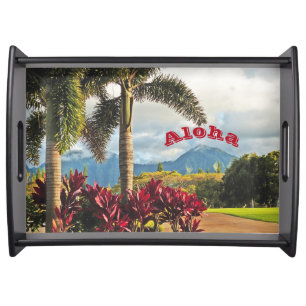 "ALOHA" KAUAI, HAWAII MTS. AND PALM TREES SERVING TRAY