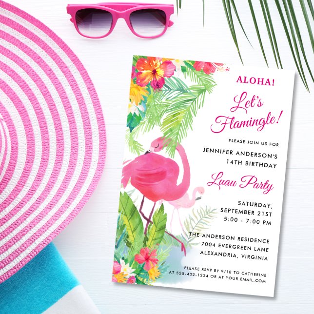 Aloha Let's Flamingle Luau Birthday Party Invitation